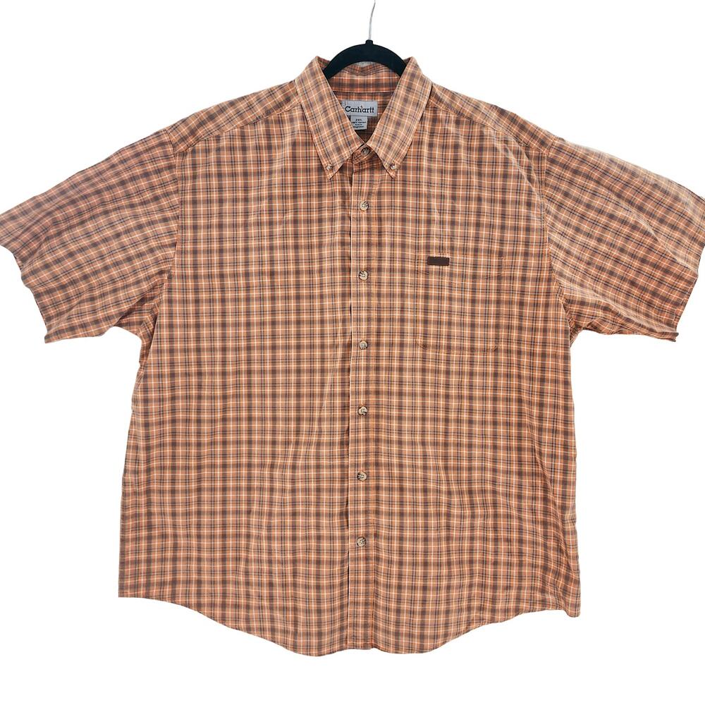 Carhartt Shirt Men's Size 2XL Button Down Short Sleeve Relaxed Fit Orange Plaid